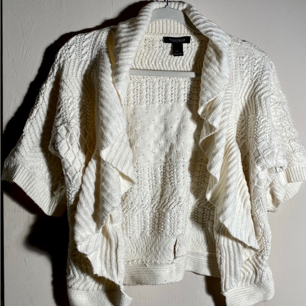 White House|Black Market, Cream, Ruffle front, open short sleeve cardigan.Size L - Picture 2 of 5